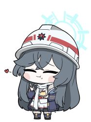  1girl belt black_hair black_pantyhose blue_archive blue_boots blue_coat blue_halo blush_stickers boots chibi chibi_only closed_eyes closed_mouth coat commentary_request eating food food_on_face full_body full_mouth fur-trimmed_boots fur-trimmed_coat fur_trim gimminj69455096 halo hard_hat heart helmet highres holding holding_plate holding_spoon korean_commentary long_hair long_sleeves minori_(blue_archive) pantyhose plate pudding red_belt scarf simple_background skirt smile solo spoon standing white_background white_helmet white_scarf white_skirt 