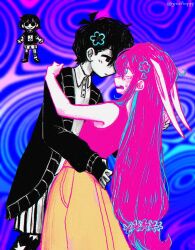  2boys alternate_costume alternate_eye_color alternate_hair_color alternate_universe animal_ears antenna_hair aubrey_(headspace)_(omori) aubrey_(omori) bad_id bad_twitter_id black_cardigan black_eyes black_hair black_socks blue_eyes blue_hair cardigan closed_mouth collared_shirt colored_skin commentary crying crying_with_eyes_open english_commentary kel_(headspace)_(omori) kel_(omori) kemonomimi_mode long_hair looking_at_another multicolored_hair multiple_boys omori omori_(omori) open_cardigan open_clothes open_mouth pink_hair rabbit_ears rabbit_girl shirt short_hair shorts skirt socks striped_clothes striped_shorts tears twitter_username two-tone_hair vertical-striped_clothes vertical-striped_shorts very_long_hair white_shirt white_shorts white_skin yellow_skirt yuilu_(yuiluqqq) 