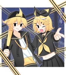  1boy 1girl :d ahoge baseball_bat black_bow black_choker black_hat black_jacket black_sailor_collar black_serafuku black_shirt black_skirt blonde_hair blueberry_hedy border bow chain chain-link_fence choker collarbone commentary_request cowboy_shot crop_top cropped_shirt double-parted_bangs drawstring dutch_angle fang fence film_grain hair_between_eyes hair_bow hair_ornament hairclip hat highres holding holding_baseball_bat jacket kagamine_len kagamine_rin long_sleeves looking_at_viewer medium_hair midriff navel one_eye_closed open_clothes open_jacket open_mouth outline outside_border outstretched_arm parallel_hairclips pleated_skirt ponytail reaching reaching_towards_viewer rettou_joutou_(vocaloid) sailor_collar school_uniform serafuku shirt short_hair short_ponytail skirt smile translation_request vocaloid white_border white_outline white_shirt 