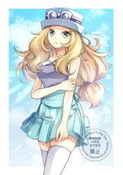  1girl bare_shoulders blonde_hair blue_eyes blue_hat blue_skirt breasts commentary_request eyewear_on_headwear grey_shirt hat highres long_hair looking_at_viewer medium_breasts parted_lips pokemon pokemon_x_and_y revision serena_(pokemon) shirt skirt sleeveless sleeveless_shirt solo sunglasses thigh-highs white_thighhighs yomogi_(black-elf) 