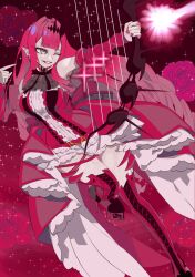 1girl baobhan_sith_(fate) baobhan_sith_(first_ascension)_(fate) boots bow_(weapon) breasts commentary_request detached_sleeves dress fate/grand_order fate_(series) fetch_failnaught_(fate) grey_eyes hair_ornament high_heel_boots high_heels highres leonardo_da_vinci_(fate/grand_order) medium_breasts narisan_06 one_eye_closed pink_dress pink_hair platform_heels pointy_ears sidelocks smile solo thigh_boots weapon