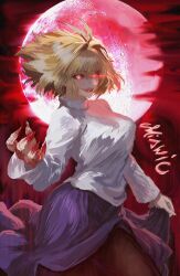  1girl absurdres antenna_hair arcueid_brunestud blood blood_on_hand breasts brown_pantyhose colored_sclera fingernails floating_hair full_moon glowing glowing_eyes grin hair_between_eyes halloween hand_up highres holding_own_skirt large_breasts long_skirt looking_at_viewer melty_blood messy_hair miawic moon mystic_eyes_of_enchantment original pantyhose purple_skirt red_arcueid red_moon red_sclera red_sky sharp_fingernails sharp_teeth single_hair_intake skirt sky smile solo sweater teeth tsukihime turtleneck turtleneck_sweater type-moon vampire white_sweater yellow_eyes 
