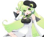  beret bow breasts cleavage detached_sleeves face green_eyes green_hair hat headset long_hair macloid macne_nana nail_polish side_ponytail solo striped thigh-highs thighhighs toshi_(tsujigiri_style) v zettai_ryouiki 