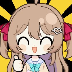  1girl ahoge animated animated_gif aqua_bow aqua_bowtie blue_sailor_collar blush_stickers bow bowtie brown_hair cardigan chibi chibi_only chunye_haruya closed_eyes commentary commission dot_nose english_commentary hair_between_eyes hair_ornament hair_ribbon heart heart_hair_ornament long_hair lowres neuro-sama neuro-sama_(1st_costume) open_mouth red_ribbon ribbon sailor_collar second-party_source shirt solo sparkle sticker_(medium) sunburst sunburst_background thumbs_up transparent_background two_side_up upper_body vedal_ai virtual_youtuber white_shirt yellow_cardigan 