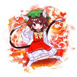  1girl :d animal_ear_fluff animal_ear_piercing animal_ears blush bow bowtie brown_hair cat_ears cat_girl cat_tail chen commentary_request double-parted_bangs earrings fang frilled_skirt frills full_body green_hat hair_between_eyes hand_up hat highres jewelry long_sleeves looking_at_viewer mameko_(mameko_0211) mob_cap multiple_tails no_shoes open_mouth red_eyes red_skirt red_vest shirt short_hair single_earring skin_fang skirt skirt_set smile socks solo tail touhou two_tails vest white_shirt white_socks yellow_bow yellow_bowtie 