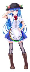  1girl ;) absurdres apron back_bow black_hat black_thighhighs blue_hair blue_skirt boots bow bowtie brown_boots closed_mouth commentary_request frilled_skirt frills fruit_hat_ornament full_body hand_on_own_hip hat hat_ornament highres hinanawi_tenshi knee_boots lace-up_boots leaf_hat_ornament long_hair looking_at_viewer one_eye_closed peach_hat_ornament puffy_short_sleeves puffy_sleeves red_bow red_bowtie red_eyes reimei_(r758120518) shirt short_sleeves simple_background skirt smile solo thigh-highs touhou v very_long_hair waist_apron white_apron white_background white_shirt 