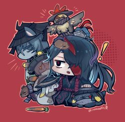  1boy animalization black_eyes bug carrot chinese_commentary cockroach commentary_request conical_hat expressionless faust_(project_moon) gregor_(project_moon) heishou_pack-mao_branch_(identity)_(project_moon) heishou_pack-si_branch_(identity)_(project_moon) heishou_pack-wu_branch_(identity)_(project_moon) highres hong_lu_(project_moon) hongyuan_(identity)_(project_moon) horse limbus_company long_hair looking_at_viewer momoatls one_eye_covered outis_(project_moon) petting ponytail project_moon rabbit red_background red_pupils rodion_(project_moon) ryoshu_(project_moon) scarf simple_background snake solo twitter_username yi_sang_(project_moon) 