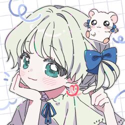  1girl :3 animal blue_bow blue_ribbon blush bow character_request closed_mouth commentary copyright_request green_eyes green_shirt grey_outline grid_background hair_bow hair_intakes hamster head_rest highres looking_at_viewer neck_ribbon outline portrait ribbon shirt smile solo untranslatable_commentary white_background yalmyu 