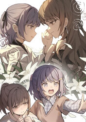  2girls absurdres bang_dream! bang_dream!_our_notes blue_eyes blue_hair brown_hair brown_sweater commentary_request crying crying_with_eyes_open earrings hair_ornament hairclip half_updo hamasaki_mahoro highres jewelry kaidouzy kotohira_nagi layered_sleeves long_hair long_sleeves multiple_girls open_mouth plaid_clothes plaid_shirt ponytail shirt short_hair short_over_long_sleeves short_sleeves simple_background sweater tears white_background white_shirt yuri 