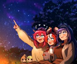  3girls :d absurdres animal_ear_fluff bird blue_hair blue_overalls blush breasts ceres_fauna cup ddolbang fangs hair_intakes hakos_baelz highres holding holding_cup hololive hololive_english holopromise irys_(hololive) large_breasts long_hair mousetrap multicolored_hair multiple_girls nanashi_mumei ouro_kronii overalls owl pointing pointy_ears red_eyes red_hair sky smile star_(sky) starry_sky sweater tree white_hair 