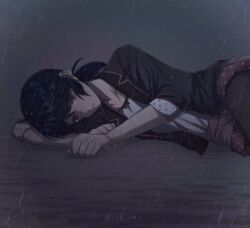  1girl black_jacket blue_hair collarbone commentary itk_edo jacket lying marinette_dupain-cheng medium_hair miraculous_ladybug on_side open_clothes open_jacket parted_lips rain shirt short_twintails sleeves_rolled_up tearing_up twintails twitter_username untranslatable_commentary wet wet_clothes white_shirt 