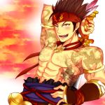  ahoge armpits bell brown_hair fingerless_gloves gan_ning gloves hatsune headband male muscle open_mouth sangoku_musou shirtless smile solo spiked_hair spiky_hair sword tattoo weapon yellow_eyes 