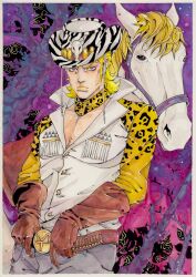  1boy araki_hirohiko_(style) blonde_hair brown_gloves cowboy_hat english_commentary ghost_rider_in_the_sky_(jojo) gloves hat highres horse jojo_no_kimyou_na_bouken looking_at_viewer marker_(medium) mountain_tim painting_(medium) pectoral_cleavage pectorals steel_ball_run traditional_media watercolor_(medium) xfkart 