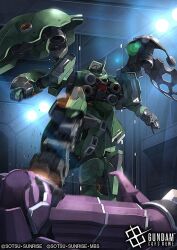  armor battle broken_arm broken_armor commentary_request cyclops full_body glowing glowing_eyes gundam gundam_card_game hangar kshatriya_repaired looking_down mecha official_art one-eyed robot rozen_zulu serike_w shield shoulder_armor standing stomping sunrise 