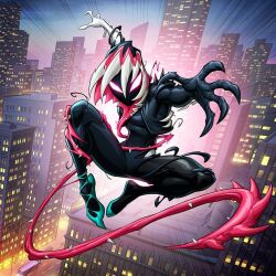  1girl black_bodysuit bodysuit building city gwenom looking_at_viewer marvel multicolored_bodysuit outdoors patrick_brown sky skyscraper solo spider-man_(series) white_bodysuit 