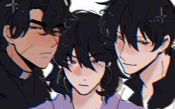  1girl 2boys ;) black_hair chromatic_aberration han_sooyoung highres kim_dokja looking_at_viewer male_focus multiple_boys omniscient_reader's_viewpoint one_eye_closed portrait rhaastyogurt scar scar_on_face short_hair smile yoo_joonghyuk 