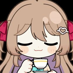  1girl ahoge animated animated_gif aqua_bow aqua_bowtie blue_sailor_collar blush_stickers bow bowtie brown_hair cardigan chibi chibi_only chunye_haruya closed_eyes closed_mouth commentary commission cup disembodied_arm disembodied_hand dot_nose drinking english_commentary hair_between_eyes hair_ornament hair_ribbon heart heart_hair_ornament holding holding_cup holding_plate long_hair lowres neuro-sama neuro-sama_(1st_costume) plate red_ribbon ribbon sailor_collar second-party_source shirt solo sticker_(medium) transparent_background two_side_up upper_body vedal_ai virtual_youtuber white_shirt yellow_cardigan 