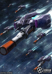  blurry commentary_request flying full_body gundam gundam_card_game gundam_seed hayaken_sarena mecha mobile_armor mobile_suit moebius_(gundam_seed) multiple_others official_art robot seed space sunrise thrusters weapon 
