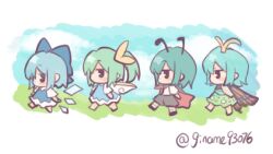 4girls antennae aqua_hair ascot black_cape black_shorts blue_bow blue_dress blue_hair bow butterfly_wings cape cirno collared_shirt commentary_request daiyousei detached_wings dress eternity_larva fairy fairy_wings green_dress green_hair hair_bow ice ice_wings insect_wings multicolored_dress multiple_girls pinafore_dress ponytail red_cape shirt shorts silverrain sleeveless sleeveless_dress touhou twitter_username two-sided_cape two-sided_fabric white_shirt wings wriggle_nightbug yellow_ascot yellow_bow yellow_wings 