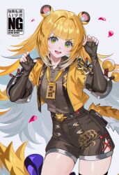  1girl animal_ear_fluff animal_ears blonde_hair brown_gloves brown_shirt brown_shorts claw_pose collared_shirt colored_inner_hair commentary_request cowboy_shot cropped_jacket elbow_gloves falling_petals fingerless_gloves gloves green_eyes hands_up highres jacket ju_fufu light_blush long_hair looking_at_viewer mandaring0 multicolored_hair open_clothes open_jacket open_mouth paw_pose petals shirt shirt_tucked_in shorts solo tail tiger_ears tiger_girl tiger_tail two-tone_tail very_long_hair watermark white_hair yellow_jacket zenless_zone_zero 