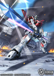  amasaki_yusuke blue_sky commentary_request full_body green_eyes gundam gundam_card_game gundam_seed gundam_seed_destiny holding holding_weapon impulse_gundam mecha mobile_suit official_art robot ruins seed shield sky standing sunrise sunrise_stance sword_impulse_gundam weapon 