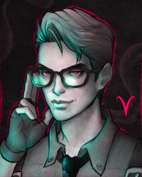 1boy adjusting_eyewear artist_logo artist_self-insert caproka commentary english_commentary film_grain fingerless_gloves glasses gloves greyscale lips logo male_focus monochrome necktie original pink_eyes portrait smile solo spot_color suspenders 
