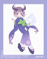  1girl birthday blush bow brown_hair dated full_body green_bow happy_birthday highres horns japanese_clothes kimono long_sleeves looking_at_viewer obi okobo parted_lips platform_sandals purple_kimono re:zero_kara_hajimeru_isekai_seikatsu ribbon_trim sandals sash short_eyebrows short_hair socks solo tabi tanza_(re:zero) thick_eyebrows ttm1292 violet_eyes white_background white_socks wide_sleeves zouri 