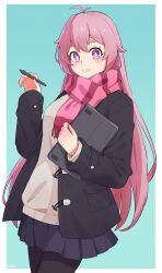  1girl absurdres antenna_hair black_coat black_pantyhose blue_background blue_skirt blush border bright_pupils coat commentary cowboy_shot double-parted_bangs english_commentary grey_sweater highres holding holding_stylus holding_tablet_pc indie_virtual_youtuber long_hair long_sleeves looking_at_viewer mikeemyk1 mumble_(shachimu) open_clothes open_coat pantyhose parted_lips pink_eyes pink_hair pink_scarf pleated_skirt scarf simple_background skirt smile solo striped_clothes striped_scarf stylus sweater tablet_pc virtual_youtuber watermark white_border white_pupils 