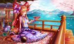  bad_id barefoot blonde_hair bow chain chains cherry_blossoms dress drinking gourd grey_eyes hair_bow horn_ribbon horns house ibuki_suika lake long_hair orange_hair petals ponytail purple_dress railing ribbon saga3_tunk sakazuki sake sitting solo touhou tree veranda water 