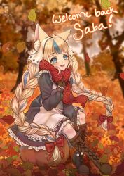  1girl :d ahoge animal_ear_fluff animal_ears apron autumn autumn_leaves black_dress blonde_hair blue_eyes blue_streaks blurry blurry_background blush boots bow brown_boots brown_gloves cat_ears character_name commentary day double_horizontal_stripe dress english_commentary falling_leaves frilled_apron frilled_dress frilled_sleeves frills full_body gloves hair_bow highres indie_virtual_youtuber knee_boots lace-up_boots laeliahfaelidae leaf long_hair multicolored_hair open_mouth outdoors red_bow red_scarf sameko_saba scarf sitting sleeves_past_wrists smile solo streaked_hair tree very_long_hair virtual_youtuber white_apron 