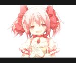  bow close-up dress gloves hair_bow jewelry kaname_madoka letterboxed magical_girl mahou_shoujo_madoka_magica mari_audio necklace open_mouth pink_dress pink_eyes pink_hair solo tears white_gloves 