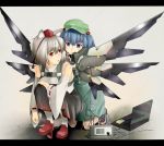 animal_ears bare_shoulders blue_eyes blue_hair cable computer detached_sleeves geta hair_bobbles hair_ornament hat inubashiri_momiji kawashiro_nitori kneeling laptop letterboxed machine mechanical_wings multiple_girls red_eyes silver_hair skirt squatting tkln tokin_hat touhou twintails wings wire wolf_ears 