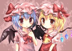  ascot bad_id bat_wings blonde_hair blue_hair blush bust dress flandre_scarlet hat multiple_girls pink_dress red_dress red_eyes remilia_scarlet remon_(t_drop) siblings side_ponytail sisters touhou wings 