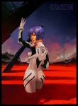  1girl ayanami_rei bob_cut bodysuit eva_01 from_behind gloves jana_schirmer looking_back neon_genesis_evangelion plugsuit red_eyes short_hair sky solo star_(sky) starry_sky 