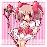  blush bow bow_(weapon) bubble_skirt chibi dress flower gloves hair_bow kaname_madoka magical_girl mahou_shoujo_madoka_magica miokuri open_mouth pink pink_background pink_dress pink_hair red_eyes red_rose rose solo twintails weapon white_gloves 