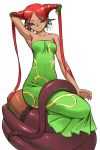  bad_id bare_shoulders collarbone copyright_request dark_skin dress earrings jewelry lamia long_hair monster_girl nakamura_tetsuya red_hair redhead smile snake_tail solo thighhighs zettai_ryouiki 