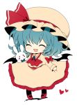 :d ^_^ ascot bad_id bat_wings black_legwear blue_hair bow bunny chibi closed_eyes dress eyes_closed fang haru_(kyou) hat heart open_mouth pantyhose rabbit remilia_scarlet simple_background smile solo stuffed_animal stuffed_bunny stuffed_toy touhou white_background wings 