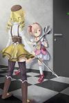  absurdres bad_id beret blonde_hair boots bubblegum checkered checkered_floor choker detached_sleeves door drill_hair from_behind gloves gun hair_ornament hairpin hat highres kaname_madoka kneehighs kneepits leon_(movie) leon_the_professional magical_girl magical_musket mahou_shoujo_madoka_magica multiple_girls no_nose parody pink_eyes pink_hair pleated_skirt polpon puffy_sleeves ribbon rifle scissors shears shoes short_hair skirt sparkle thigh-highs thighhighs tomoe_mami twin_drills twintails vertical-striped_legwear vertical_stripes weapon white_gloves zettai_ryouiki 