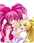  blonde_hair blue_eyes bust cure_melody cure_rhythm earrings green_eyes hairband hand_holding holding_hands houjou_hibiki jewelry long_hair magical_girl minamino_kanade momoiro_koume multiple_girls pink_hair ponytail precure simple_background smile suite_precure twintails 