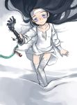  bandage bandages bed black_hair blue_eyes child copyright_request legs long_hair lying nakamura_tetsuya robotic_arms solo 