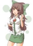  adapted_costume bad_id blush bow brown_hair coldfront hair_bow long_hair looking_at_viewer miniskirt open_mouth ponytail red_eyes reiuji_utsuho skirt smile solo third_eye touhou 