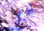  blue_hair book breasts cherry_blossoms dress hand_in_hair hat kamishirasawa_keine long_hair petals red_eyes ryosios smile solo touhou window 