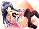  blue_hair blush bow hair_bow highres light_smile long_hair mary_janes original pointing ponytail rakujin red_eyes shoes solo thigh-highs thighhighs 