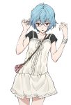  ayanami_rei bag bespectacled blue_hair bowtie casual dress glasses hiramatsu_tadashi jins neon_genesis_evangelion purse red_eyes simple_background skirt solo white_background 