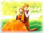  aku_no_meshitsukai_(vocaloid) blonde_hair brother_and_sister closed_eyes dress flower formal grass happy kagamine_len kagamine_rin necktie open_mouth ponytail short_hair sitting skirt vocaloid waistcoat 