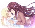  atomix blonde_hair blue_eyes blush brown_hair eye_contact face-to-face face_to_face female hair_ribbon hand_holding hug incipient_kiss long_hair love multiple_girls original pulling school_uniform skirt twintails very_long_hair watermark web_address yellow_eyes yuri 