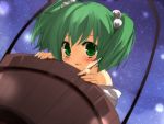  bare_shoulders blush bucket girl_in_bucket green_eyes green_hair hair_bobbles hair_ornament in_bucket in_container kisume kurot off_shoulder open_mouth short_hair short_twintails smile solo touhou twintails 