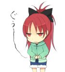  bad_id denim denim_shorts hair_ribbon hoodie hungry knt31 long_hair mahou_shoujo_madoka_magica ponytail red_eyes red_hair redhead ribbon sakura_kyouko shorts solo stomach_growling translated tsuzuya_(knt31) 