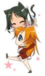  :3 animal_ears arms_behind_head bare_legs black_hair blonde_hair blue_eyes bunny_ears bunny_tail cat_ears cat_tail charlotte_e_yeager chibi closed_eyes eyes_closed francesca_lucchini igaiga multiple_girls on_head smile star strike_witches tail walking 