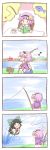  4koma aonagi_ibane black_hair book comic fish fishing fishing_rod hairband highres holding holding_fishing_rod komeiji_satori multiple_girls musical_note pink_hair reiuji_utsuho scarlet_devil_mansion silent_comic spoken_animal spoken_food spoken_object tea third_eye touhou wings |_| 